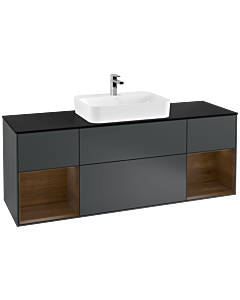 Villeroy und Boch Finion Villeroy und Boch F452GNHG 160x60.3cm, plaque de finition noir mat, étagères placage noyer, Midnight Blue Matt Lacquer