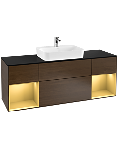 Villeroy und Boch Finion Waschtischunterschrank F452HFGN 160x60,3cm, Abdeckplatte black matt, Regale Gold matt lacquer, Walnut veneer
