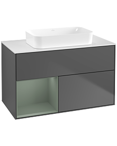 Villeroy und Boch Finion Waschtischunterschrank F651GMGK 100x60,3x50,1cm, Regal links Olive Matt Lacquer, Anthracite matt