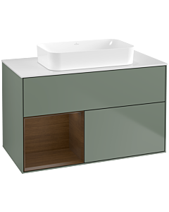 Villeroy und Boch Finion Waschtischunterschrank F651GNGM 100x60,3x50,1cm, Regal links Walnut veneer, Olive Matt Lacquer