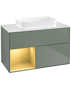 Villeroy und Boch Finion Waschtischunterschrank F651HFGM 100x60,3x50,1cm, Regal links Gold matt, Olive Matt Lacquer