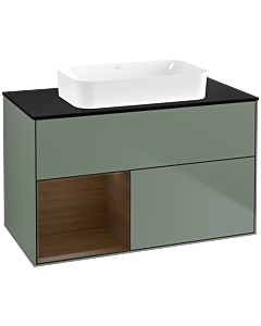 Villeroy und Boch Finion Waschtischunterschrank F652GNGM 100x60,3x50,1cm, Regal links Walnut veneer, Olive Matt Lacquer