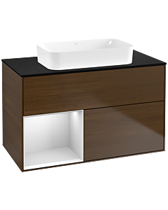 Villeroy und Boch Finion Waschtischunterschrank F652MTGN 100x60,3x50,1cm, Regal links White matt lacquer, Walnut veneer