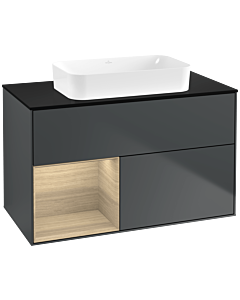 Villeroy und Boch Finion Waschtischunterschrank F652PCHG 100x60,3x50,1cm, Regal links Oak Veneer, Midnight Blue Matt Lacquer