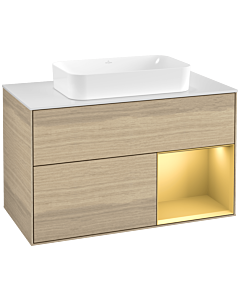 Villeroy und Boch Finion Waschtischunterschrank F661HFPC 100x60,3x50,1cm, Regal rechts Gold matt, Oak Veneer