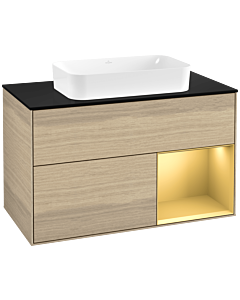 Villeroy und Boch Finion Waschtischunterschrank F662HFPC 100x60,3x50,1cm, Regal rechts Gold matt, Oak Veneer