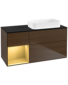 Villeroy und Boch Finion Waschtischunterschrank F682HFGN 120x60,3x50,1cm, Regal links Gold matt, Walnut veneer