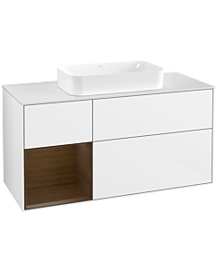 Villeroy und Boch Finion Waschtischunterschrank F701GNGF 120x60,3x50,1cm, Regal links Walnut veneer, Glossy white lacquer