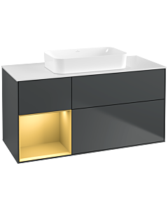 Villeroy und Boch Finion Waschtischunterschrank F701HFHG 120x60,3x50,1cm, Regal links Gold matt, Midnight Blue Matt Lacquer