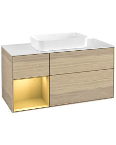 Villeroy und Boch Finion Waschtischunterschrank F701HFPC 120x60,3x50,1cm, Regal links Gold matt, Oak Veneer