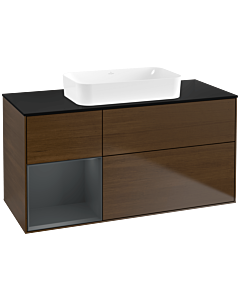 Villeroy und Boch Finion Waschtischunterschrank F702HGGN 120x60,3x50,1cm, Regal links Midnight Blue Matt Lacquer, Walnut veneer