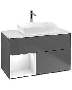 Villeroy und Boch Finion Waschtischunterschrank F771GFGK 100cm, Abdeckplatte white matt, Regale Glossy white lacquer, Anthracite matt