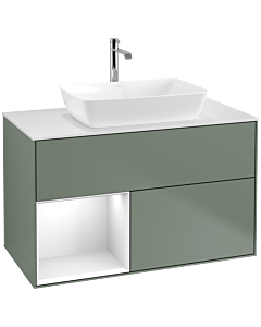 Villeroy und Boch Finion Villeroy und Boch F771GFGM 100cm, plaque de finition blanc mat, étagères laqué blanc brillant, Olive Matt Lacquer