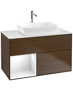 Villeroy und Boch Finion Villeroy und Boch F771GFGN 100cm, plateau blanc mat, étagères laqué blanc brillant, placage noyer