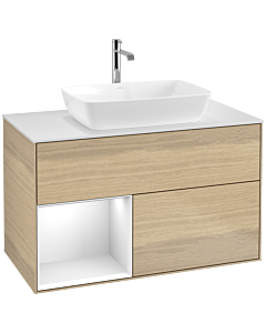 Villeroy und Boch Finion Villeroy und Boch F771GFPC 100cm, plaque de finition blanc mat, étagères laqué blanc brillant, Oak Veneer