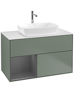 Villeroy und Boch Finion Waschtischunterschrank F771GKGM 100cm, Abdeckplatte white matt, Regale Anthracite matt lacquer, Olive Matt Lacquer