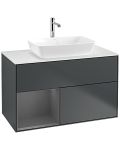 Villeroy und Boch Finion Waschtischunterschrank F771GKHG 100cm, Abdeckplatte white matt, Regale Anthracite matt lacquer, Midnight Blue Matt Lacquer