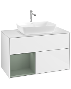 Villeroy und Boch Finion Waschtischunterschrank F771GMGF 100cm, Abdeckplatte white matt, Regale Olive matt lacquer, Glossy white lacquer