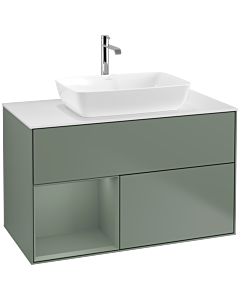 Villeroy und Boch Finion Waschtischunterschrank F771GMGM 100cm, Abdeckplatte white matt, Regale Olive matt lacquer, Olive Matt Lacquer
