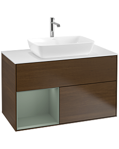 Villeroy und Boch Finion Waschtischunterschrank F771GMGN 100cm, Abdeckplatte white matt, Regale Olive matt lacquer, Walnut veneer