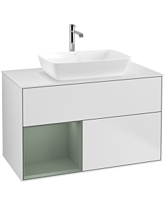 Villeroy und Boch Finion Waschtischunterschrank F771GMMT 100cm, Abdeckplatte white matt, Regale Olive matt lacquer, White matt lacquer