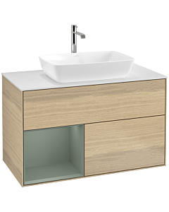 Villeroy und Boch Finion Waschtischunterschrank F771GMPC 100cm, Abdeckplatte white matt, Regale Olive matt lacquer, Oak Veneer
