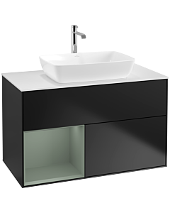 Villeroy und Boch Finion Villeroy und Boch F771GMPD 100cm, plaque de recouvrement blanc mat, étagères laqué mat olive, laqué mat noir