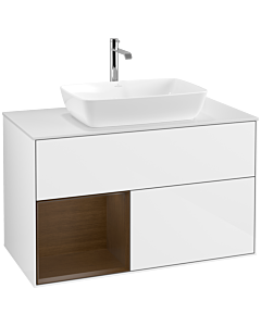 Villeroy und Boch Finion Waschtischunterschrank F771GNGF 100cm, Abdeckplatte white matt, Regale Walnut Veneer, Glossy white lacquer