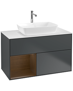 Villeroy und Boch Finion Waschtischunterschrank F771GNHG 100cm, Abdeckplatte white matt, Regale Walnut Veneer, Midnight Blue Matt Lacquer