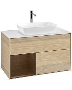 Villeroy und Boch Finion Waschtischunterschrank F771GNPC 100cm, Abdeckplatte white matt, Regale Walnut Veneer, Oak Veneer