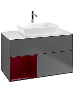 Villeroy und Boch Finion Waschtischunterschrank F771HBGK 100cm, Abdeckplatte white matt, Regale Peony matt lacquer, Anthracite matt