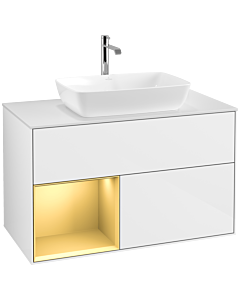 Villeroy und Boch Finion Waschtischunterschrank F771HFGF 100cm, Abdeckplatte white matt, Regale Gold matt lacquer, Glossy white lacquer