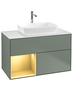 Villeroy und Boch Finion Waschtischunterschrank F771HFGM 100cm, Abdeckplatte white matt, Regale Gold matt lacquer, Olive Matt Lacquer