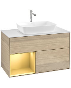 Villeroy und Boch Finion Waschtischunterschrank F771HFPC 100cm, Abdeckplatte white matt, Regale Gold matt lacquer, Oak Veneer