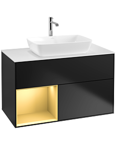 Villeroy und Boch Finion Waschtischunterschrank F771HFPD 100cm, Abdeckplatte white matt, Regale Gold matt lacquer, Black matt lacquer