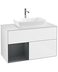 Villeroy und Boch Finion Waschtischunterschrank F771HGGF 100cm, Abdeckplatte white matt, Regale Midnight matt lacquer, Glossy white lacquer