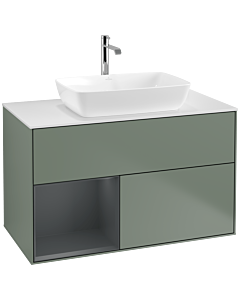 Villeroy und Boch Finion Waschtischunterschrank F771HGGM 100cm, Abdeckplatte white matt, Regale Midnight matt lacquer, Olive Matt Lacquer