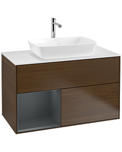 Villeroy und Boch Finion Waschtischunterschrank F771HGGN 100cm, Abdeckplatte white matt, Regale Midnight matt lacquer, Walnut veneer