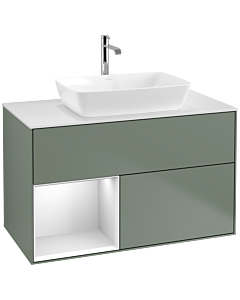 Villeroy und Boch Finion Villeroy und Boch F771MTGM 100cm, plaque de finition blanc mat, étagères laqué blanc mat, Olive Matt Lacquer