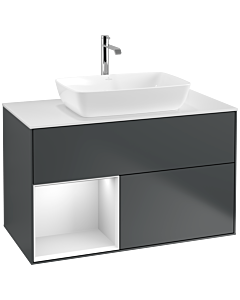 Villeroy und Boch Finion Waschtischunterschrank F771MTHG 100cm, Abdeckplatte white matt, Regale White matt lacquer, Midnight Blue Matt Lacquer