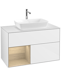 Villeroy und Boch Finion Waschtischunterschrank F771PCGF 100cm, Abdeckplatte white matt, Regale Oak Veneer, Glossy white lacquer