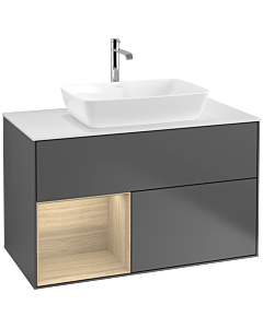 Villeroy und Boch Finion Waschtischunterschrank F771PCGK 100cm, Abdeckplatte white matt, Regale Oak Veneer, Anthracite matt