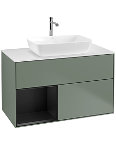 Villeroy und Boch Finion Villeroy und Boch F771PDGM 100cm, plaque de finition blanc mat, étagères laqué noir mat, Olive Matt Lacquer