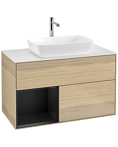 Villeroy und Boch Finion Waschtischunterschrank F771PDPC 100cm, Abdeckplatte white matt, Regale Black matt lacquer, Oak Veneer