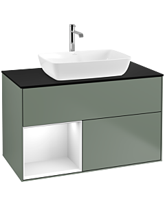 Villeroy und Boch Finion Waschtischunterschrank F772GFGM 100cm, Abdeckplatte black matt, Regale Glossy white lacquer, Olive Matt Lacquer