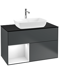 Villeroy und Boch Finion Waschtischunterschrank F772GFHG 100cm, Abdeckplatte black matt, Regale Glossy white lacquer, Midnight Blue Matt Lacquer