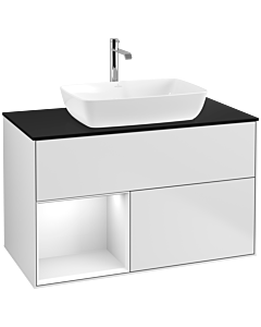 Villeroy und Boch Finion Waschtischunterschrank F772GFMT 100cm, Abdeckplatte black matt, Regale Glossy white lacquer, White matt lacquer