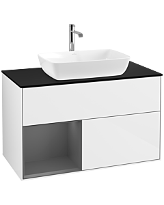 Villeroy und Boch Finion Waschtischunterschrank F772GKGF 100cm, Abdeckplatte black matt, Regale Anthracite matt lacquer, Glossy white lacquer