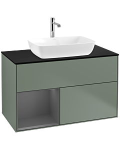 Villeroy und Boch Finion Waschtischunterschrank F772GKGM 100cm, Abdeckplatte black matt, Regale Anthracite matt lacquer, Olive Matt Lacquer