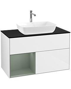 Villeroy und Boch Finion Waschtischunterschrank F772GMGF 100cm, Abdeckplatte black matt, Regale Olive matt lacquer, Glossy white lacquer